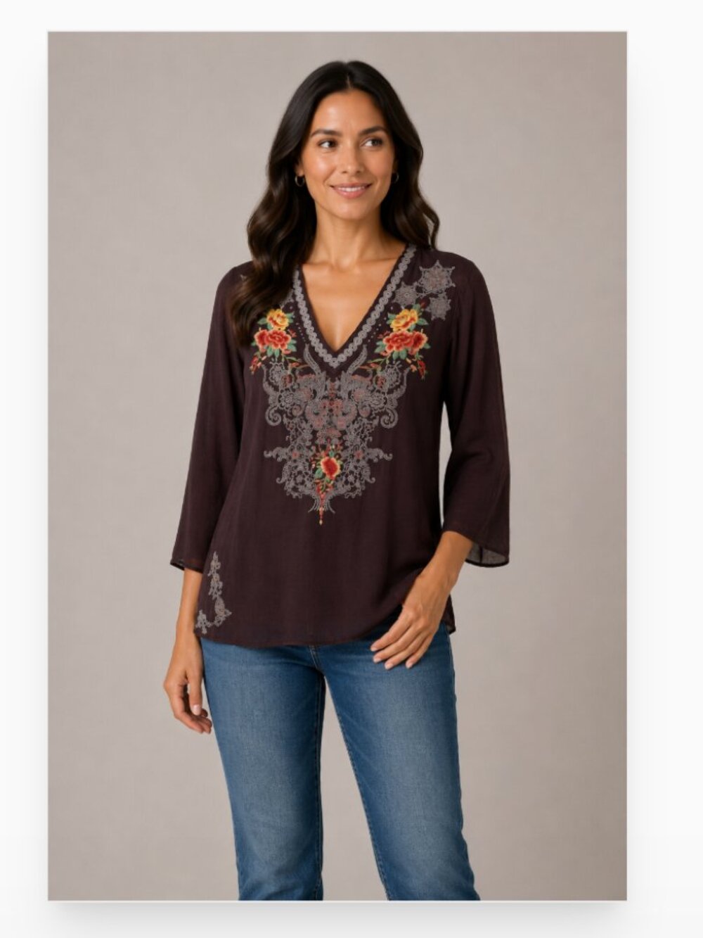 Johnny Was Shirt Womens Small Brown Embroidered Floral Boho Tunic Top 3/4 Sleeve